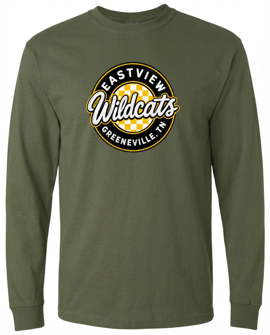 A long-sleeved olive green t-shirt with a circular logo on the front. The logo features the text "EASTVIEW Wildcats" and "Greeneville, TN" in a stylized font.