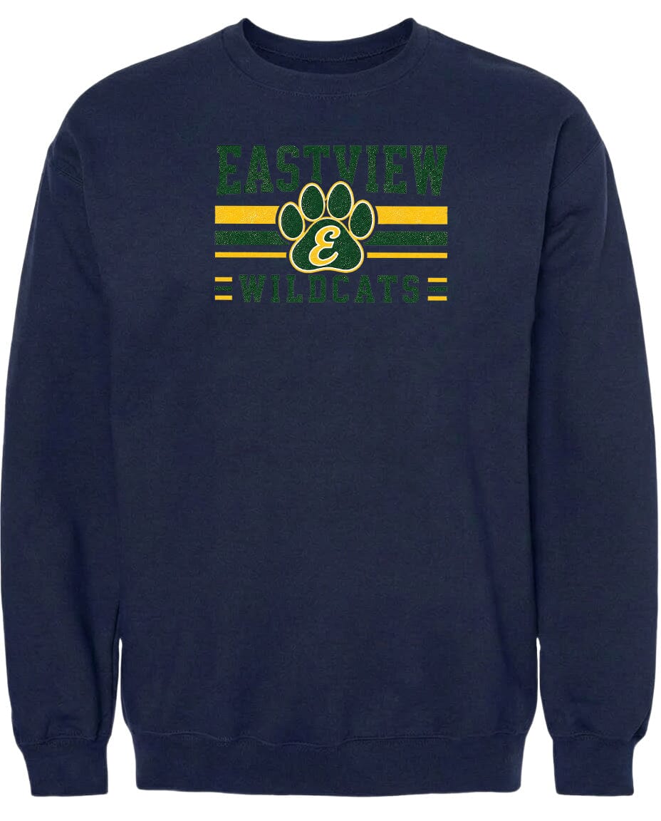 A navy blue sweatshirt with a graphic design featuring a paw print and the text "EASTVIEW WILDCATS" printed on it.