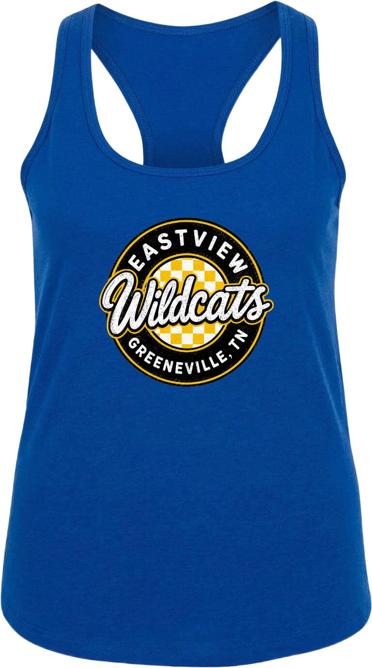 A blue tank top with a graphic design featuring the text "EASTVIEW Wildcats Greeneville, TN" in a circular pattern.