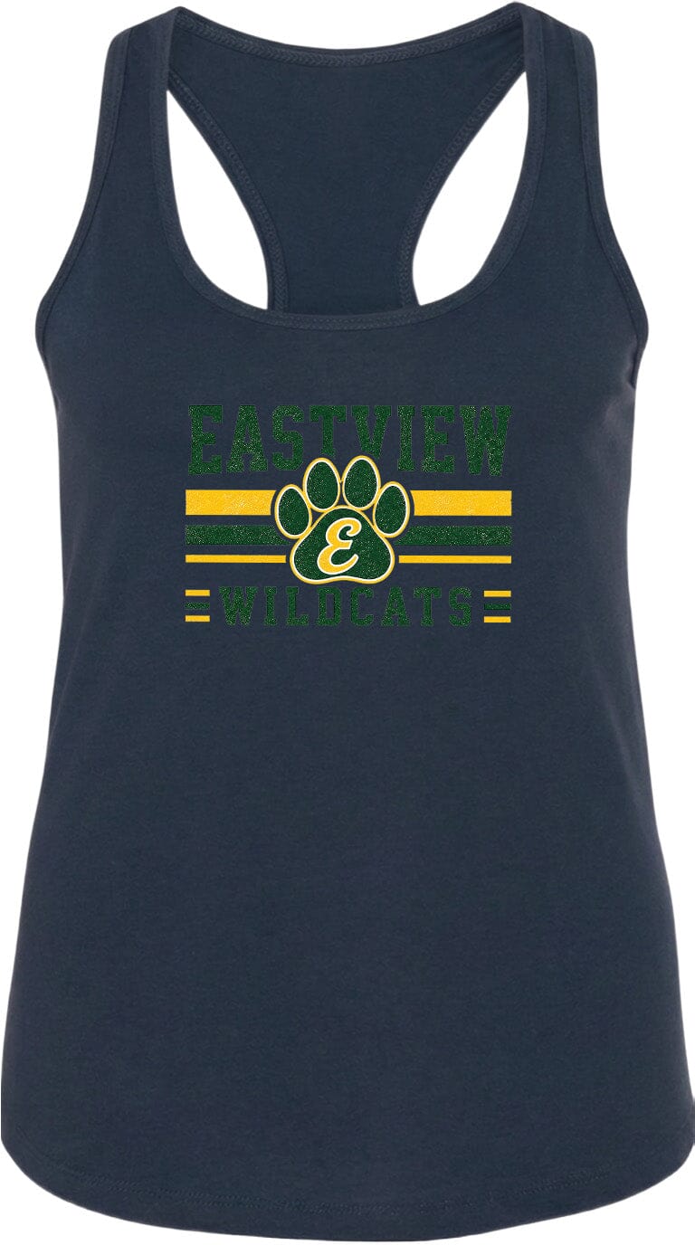 A navy blue tank top with a graphic design featuring a paw print and the text "EASTVIEW WILDCATS" printed on it.