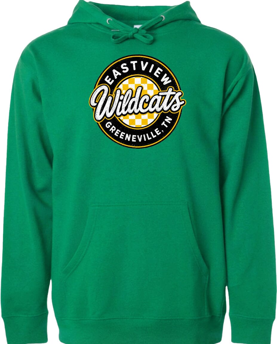 A bright green hoodie with a logo on the front.