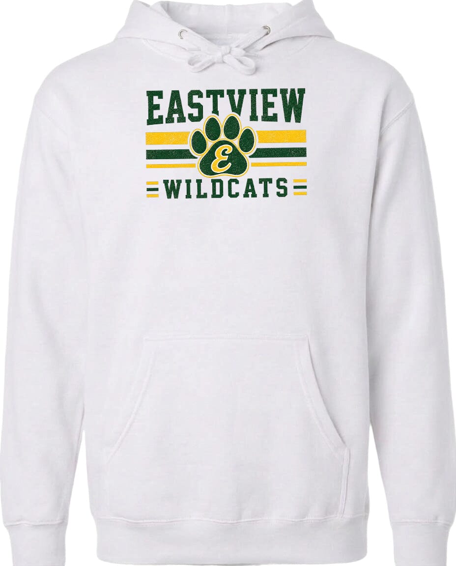 A white hoodie with a graphic design featuring the text "EASTVIEW WILDCATS" and a paw print symbol.
