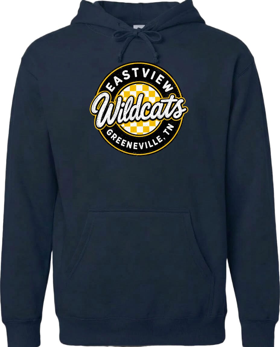 A navy blue hoodie with a circular logo that says "Eastview Wildcats" and "Greeneville, TN" printed on it.
