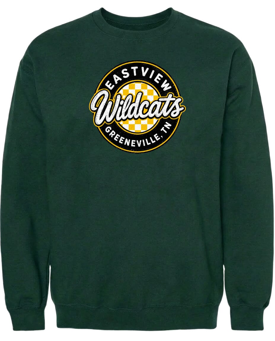 A dark green sweatshirt with a circular logo on the front.