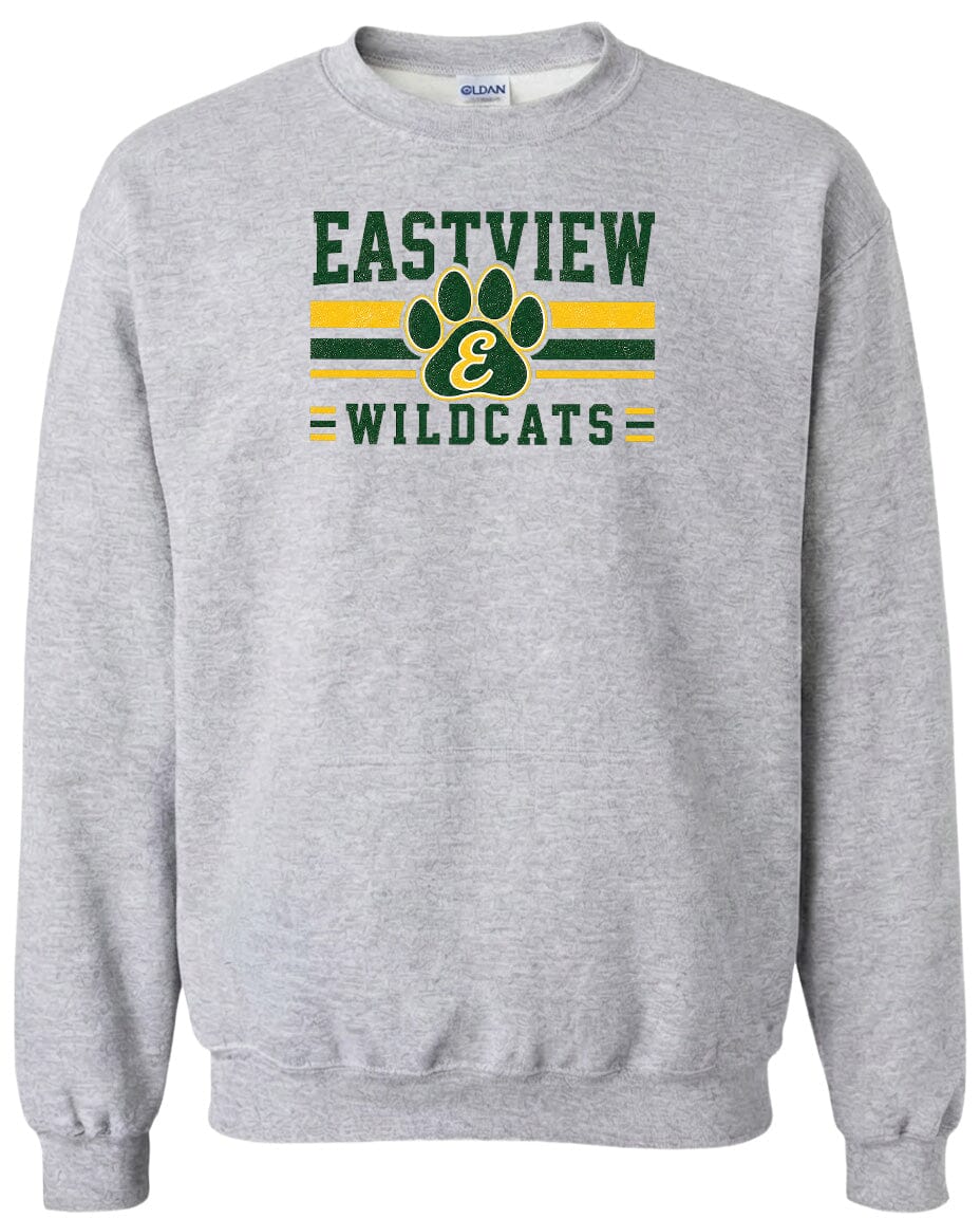 A gray sweatshirt with a graphic design featuring the text "EASTVIEW WILDCATS" and a paw print logo.