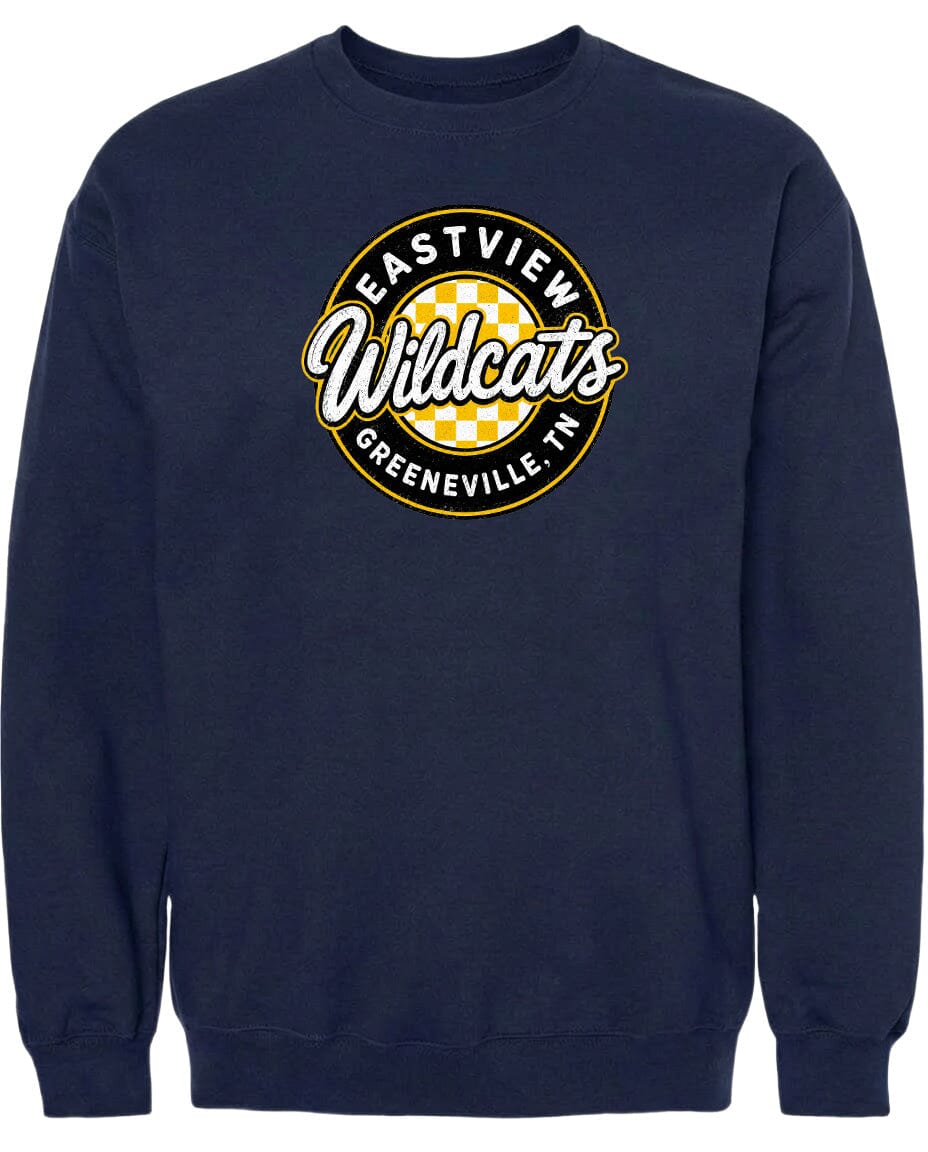 A navy blue sweatshirt with a graphic design featuring the text "EASTVIEW WILDCATS GREENEVILLE TENN".