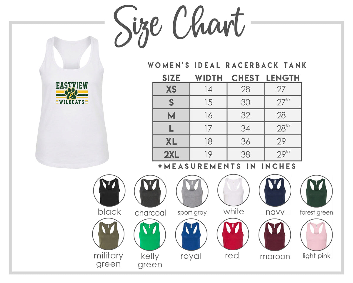 The image is a size chart for a women's ideal racerback tank, including various color options and corresponding chest measurements.