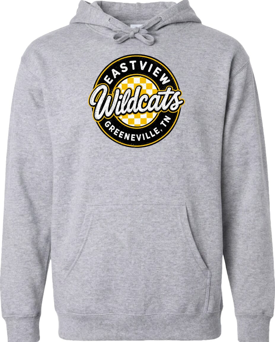 A gray hoodie with a circular logo that says "Eastview Wildcats Greeneville, TN".