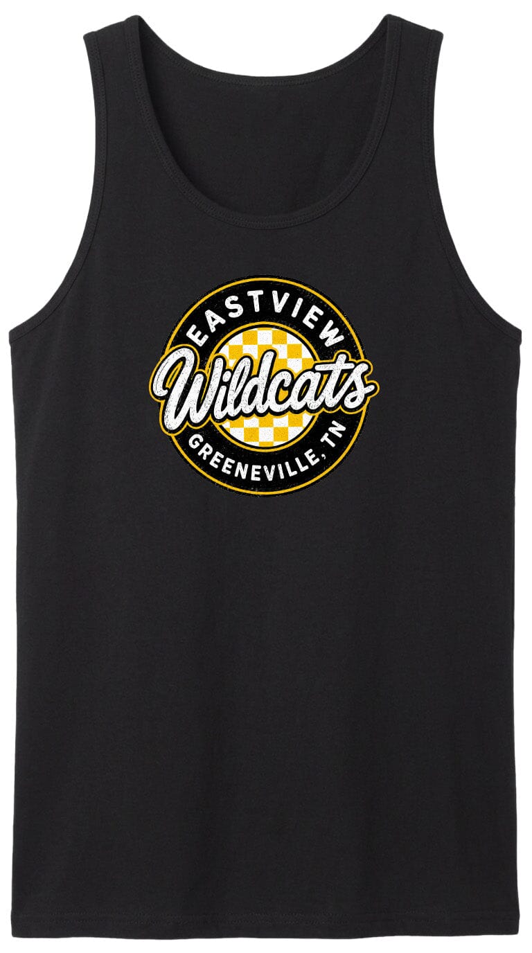 A black tank top with a graphic design featuring the text "EASTVIEW Wildcats" and "Greeneville, TN" printed on it.