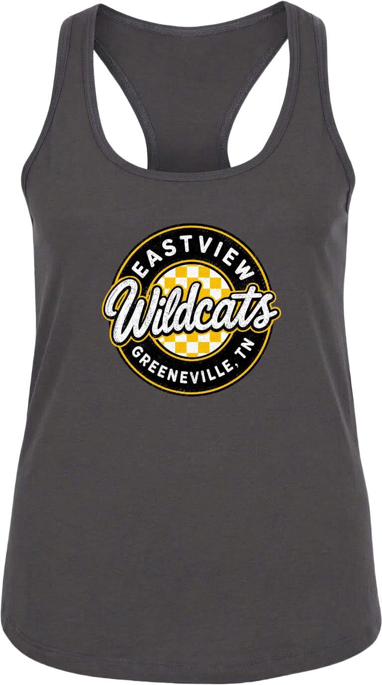 A gray tank top with a circular logo that says "EASTVIEW Wildcats Greeneville, TN".