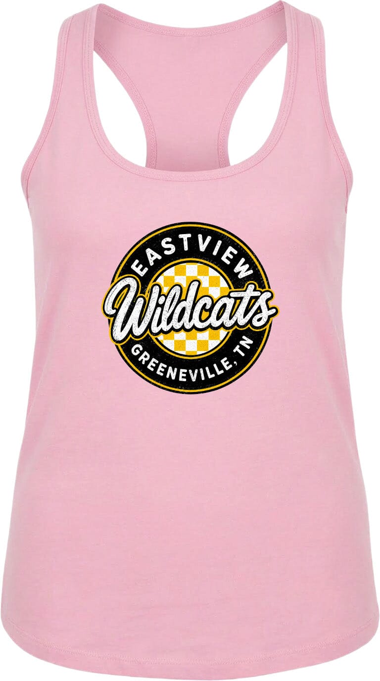 A pink tank top with a logo that says "EASTVIEW Wildcats Greeneville, TN".