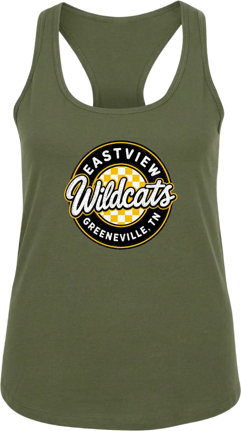 A green tank top with a graphic design featuring the text "EASTVIEW Wildcats Greeneville, TN" in a circular pattern.