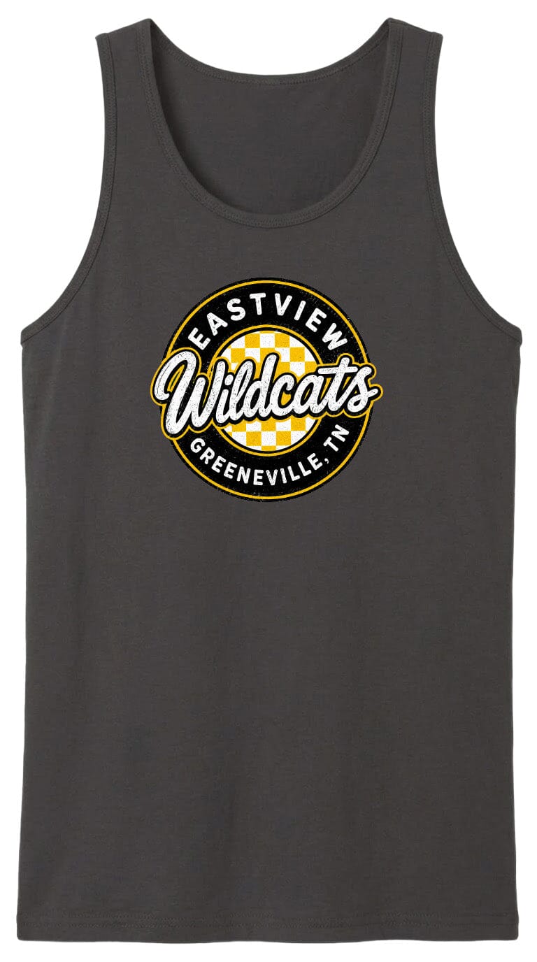 A gray tank top with a circular logo that says "EASTVIEW Wildcats Greeneville, TN".
