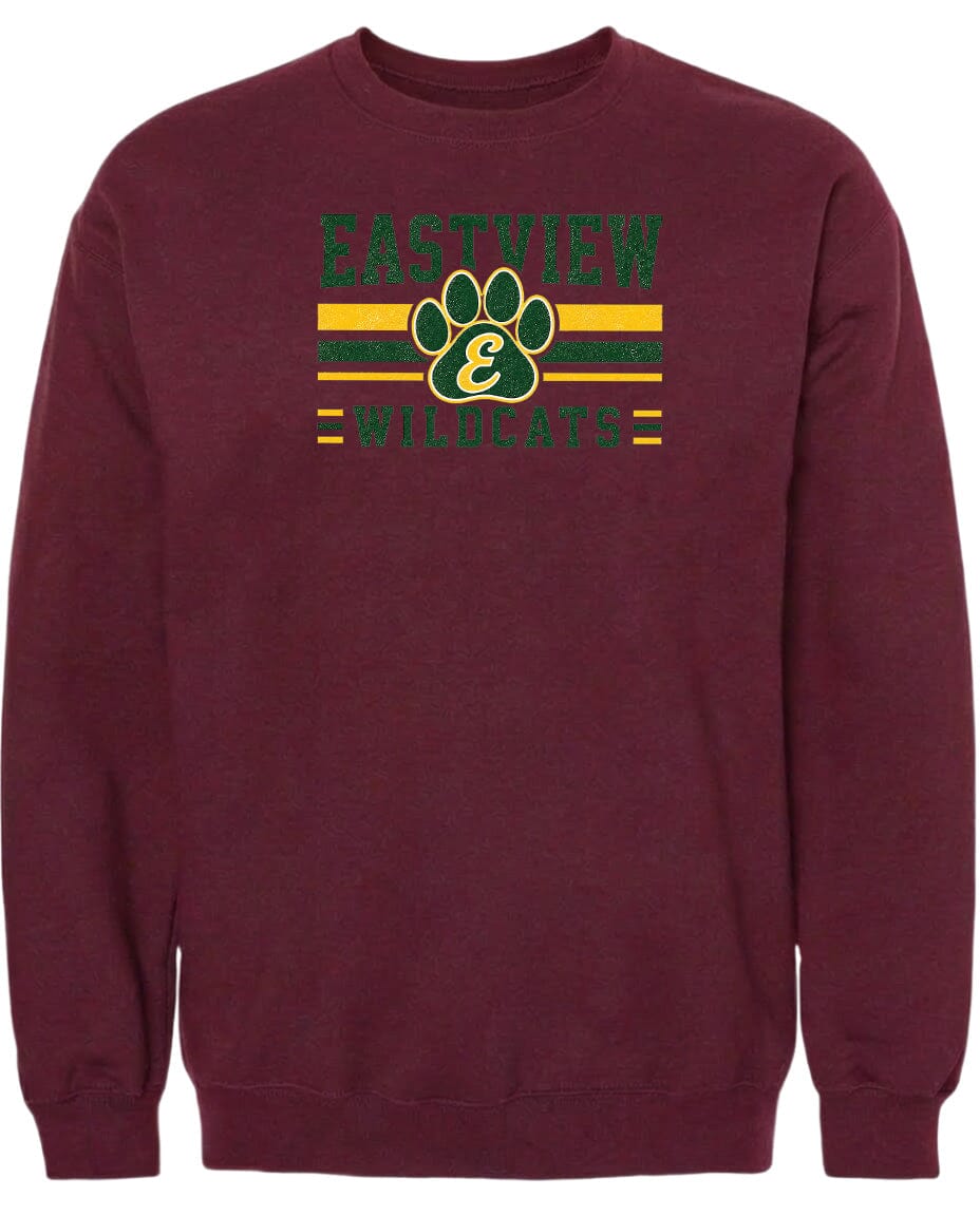 A burgundy sweatshirt with a graphic design featuring a paw print and the text "EASTVIEW WILDCATS" printed on it.