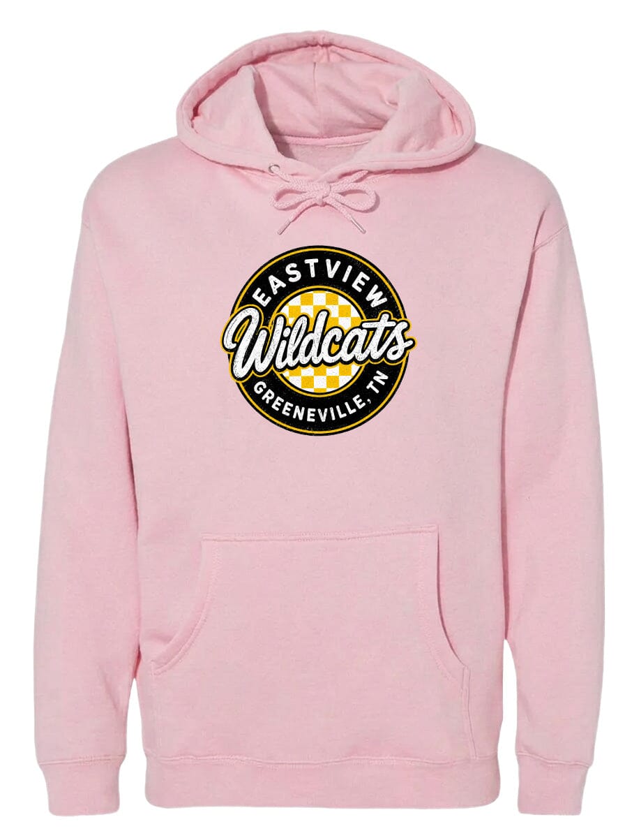 A pink hoodie with a logo that says "EASTVIEW Wildcats Greeneville TN".