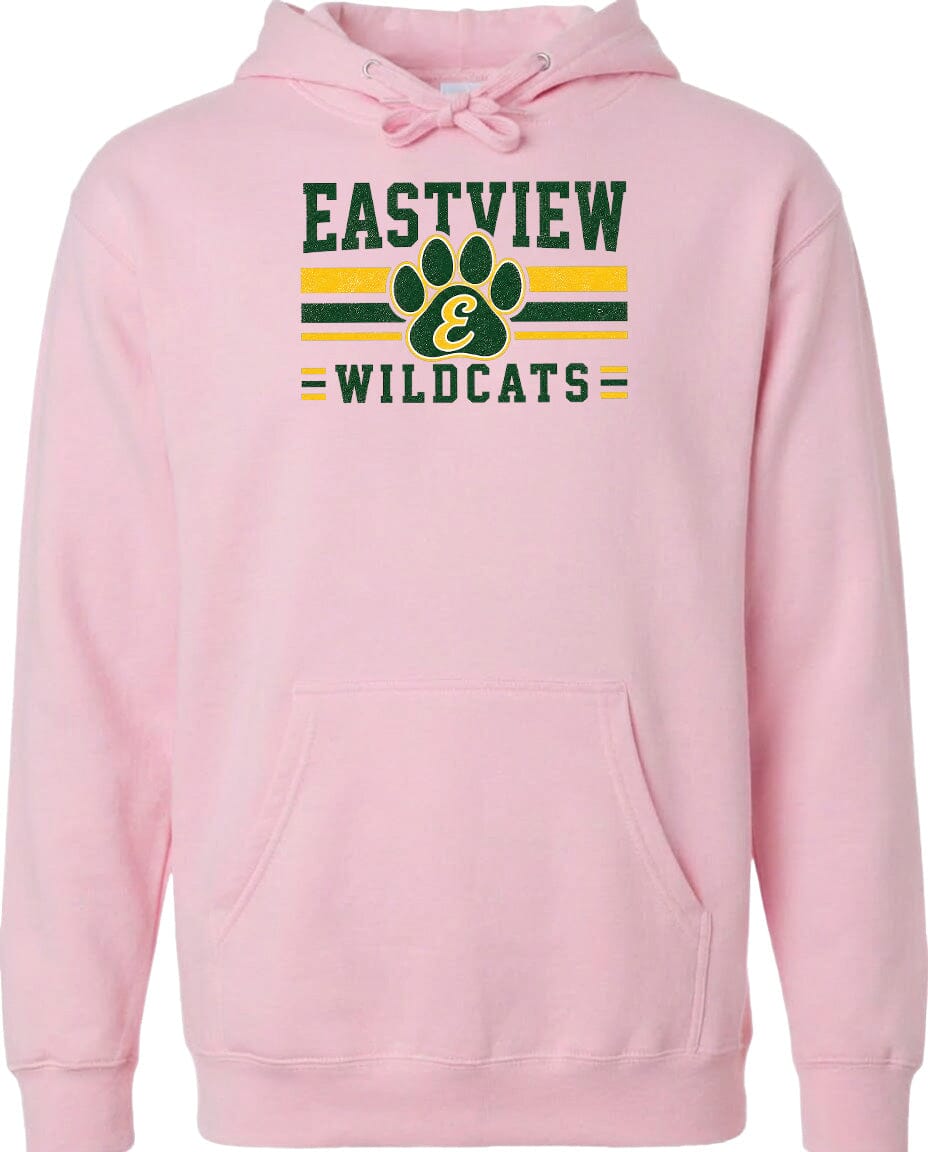 A pink hoodie with a graphic design featuring a paw print and the text "EASTVIEW WILDCATS" printed on it.
