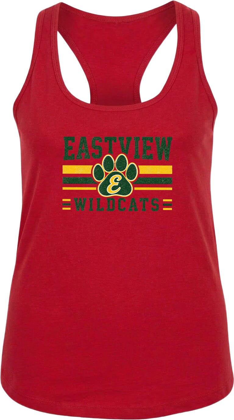 A red tank top with the text "EASTVIEW WILDCATS" printed on it.
