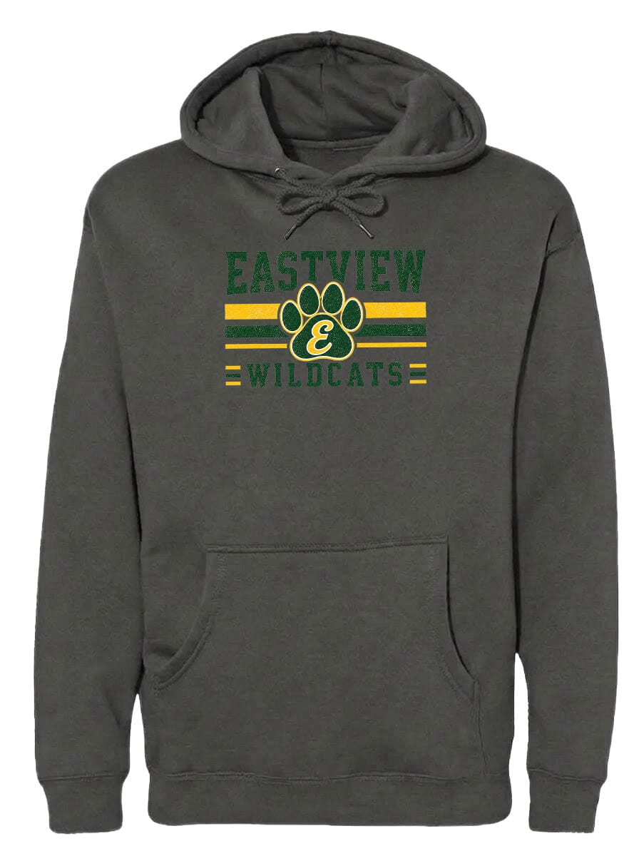 A gray hoodie with a graphic design featuring a paw print and the text "EASTVIEW WILDCATS" printed on it.