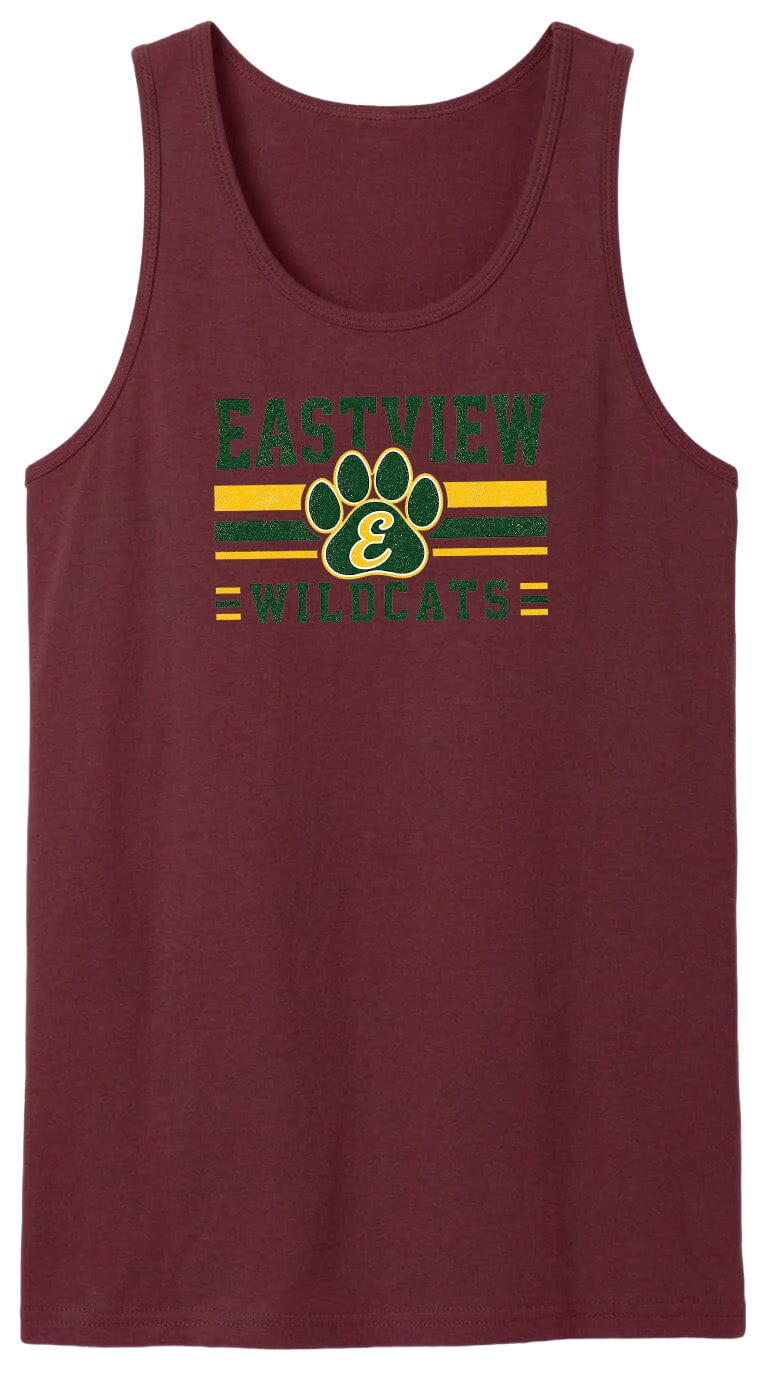 A burgundy tank top with a graphic design featuring a paw print and the text "EASTVIEW WILDCATS".