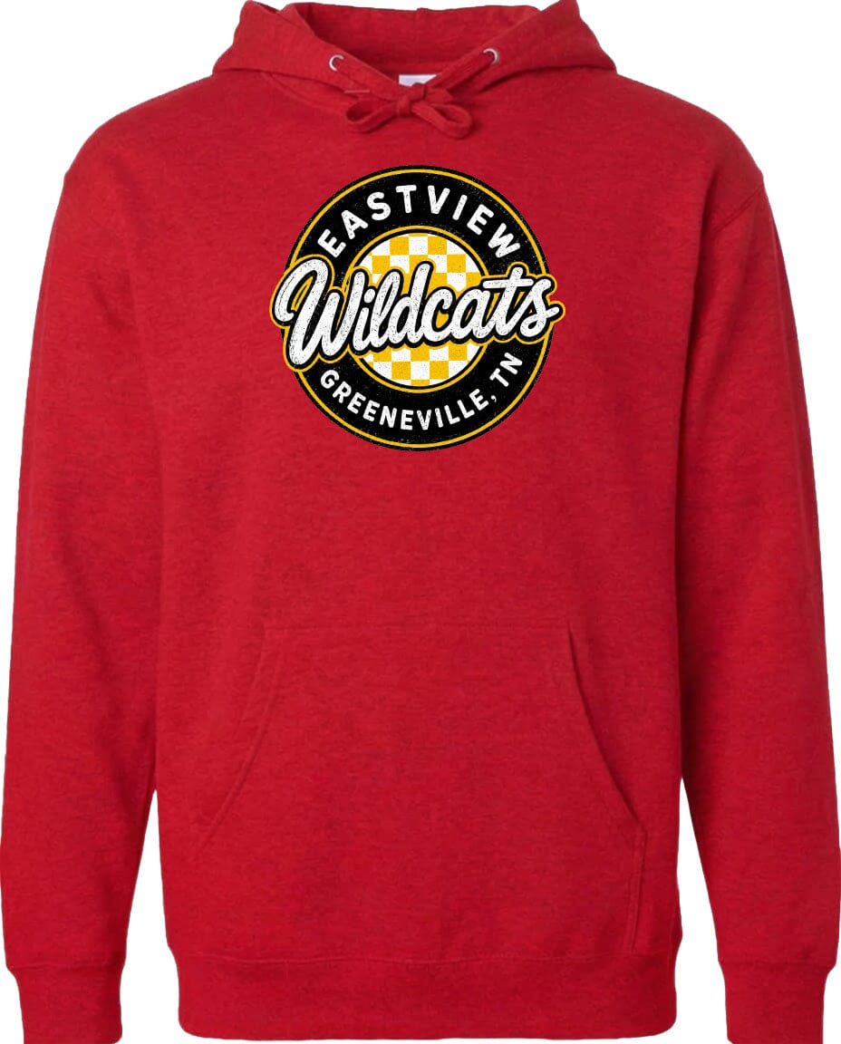 A red hoodie with a logo that says "Eastview Wildcats Greeneville, TN".