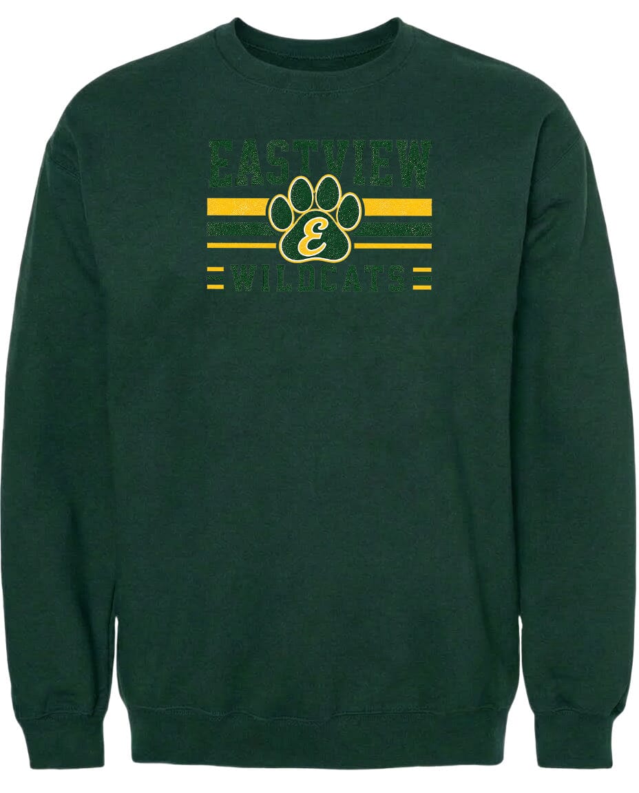 A dark green sweatshirt with a graphic design featuring a paw print and the text "EASTVIEW WILDCATS" printed on it.