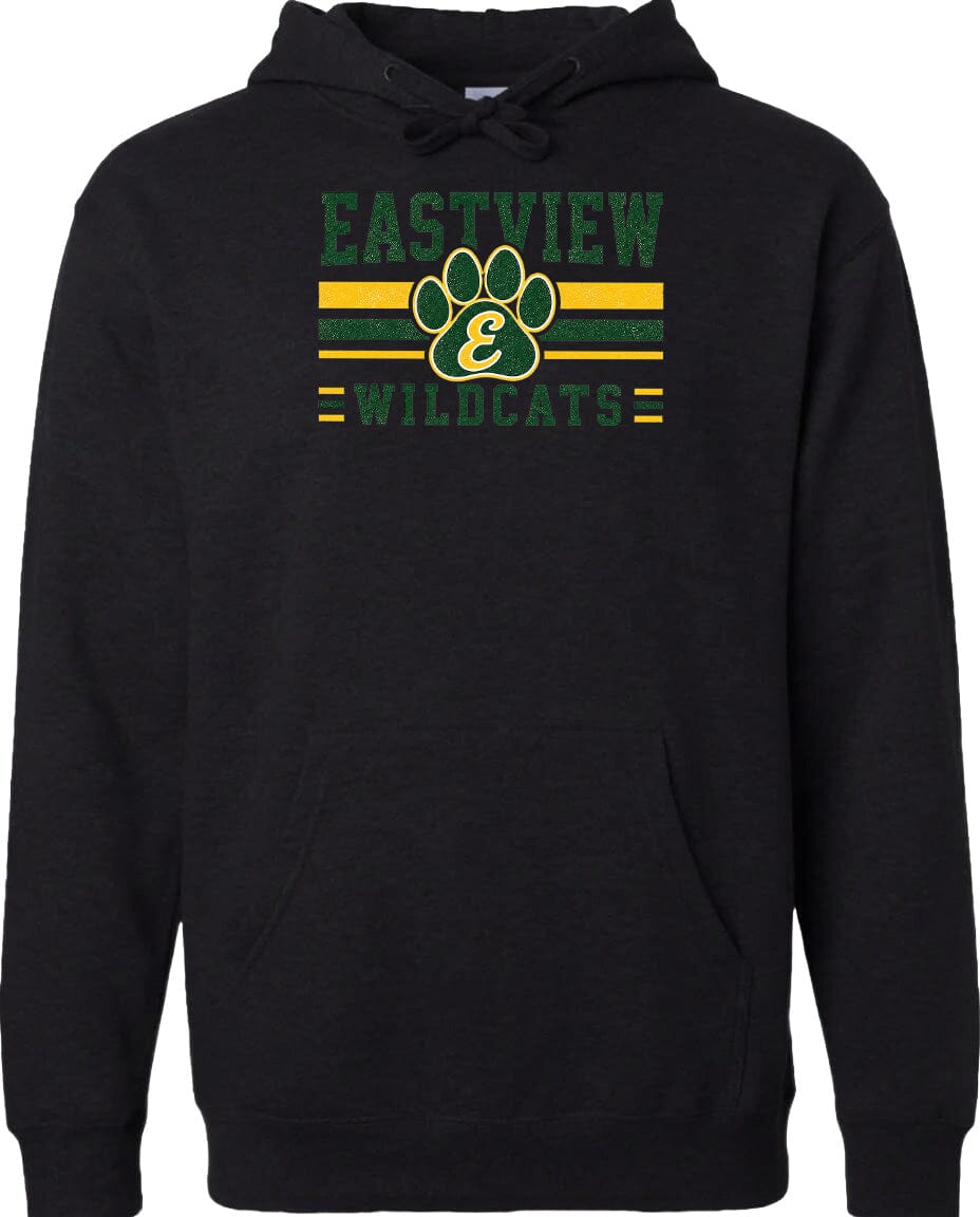 A black hoodie with a graphic design featuring a paw print and the text "EASTVIEW WILDCATS" printed on it.