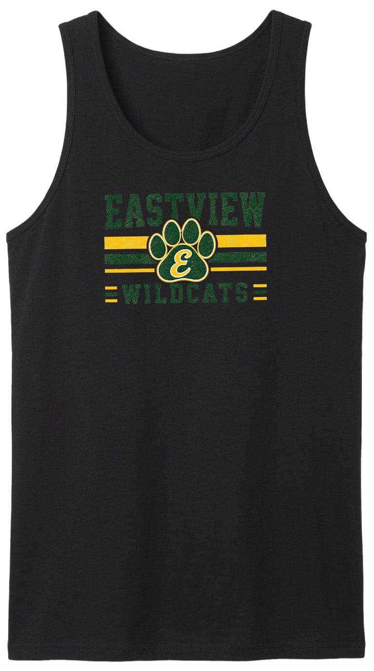 A black tank top with a graphic design featuring the text "EASTVIEW WILDCATS" and a paw print symbol.