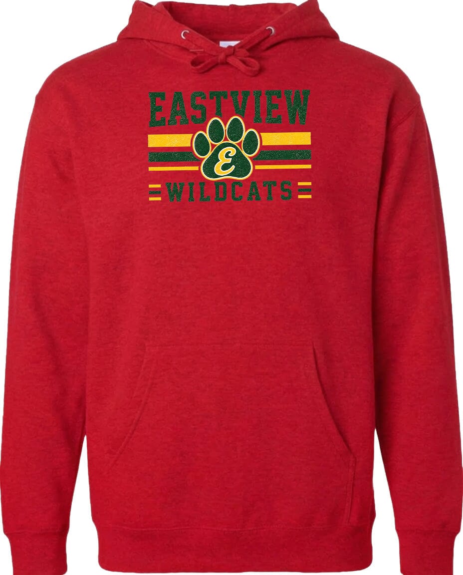 A red hoodie with a graphic design featuring a paw print and the text "EASTVIEW WILDCATS" printed on it.