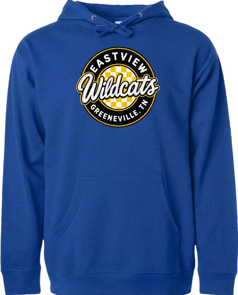 A blue hoodie with a logo on the front.