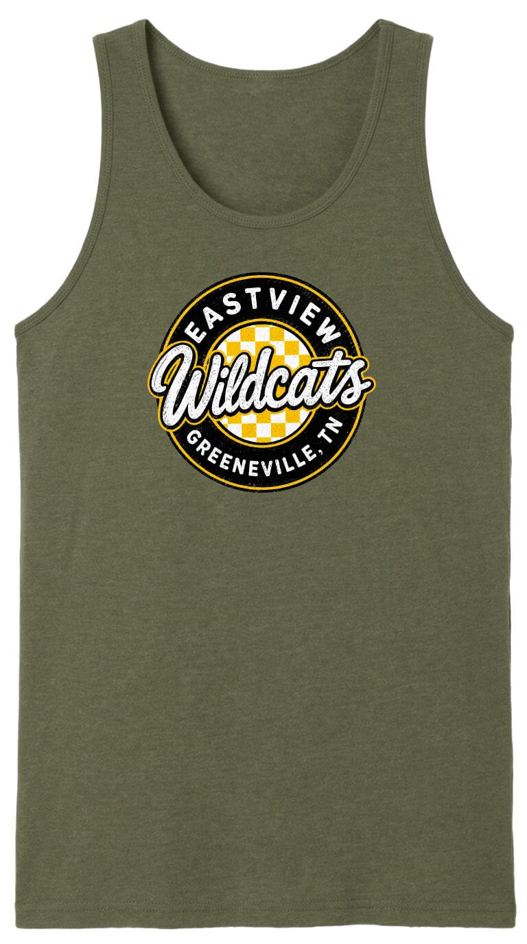 A green tank top with a circular logo that says "EASTVIEW Wildcats Greeneville, TN".