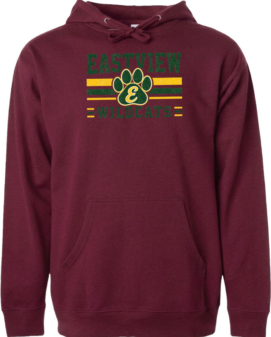 A burgundy-colored hoodie with a graphic design featuring a paw print and the text "EASTVIEW WILDCATS" printed on it.