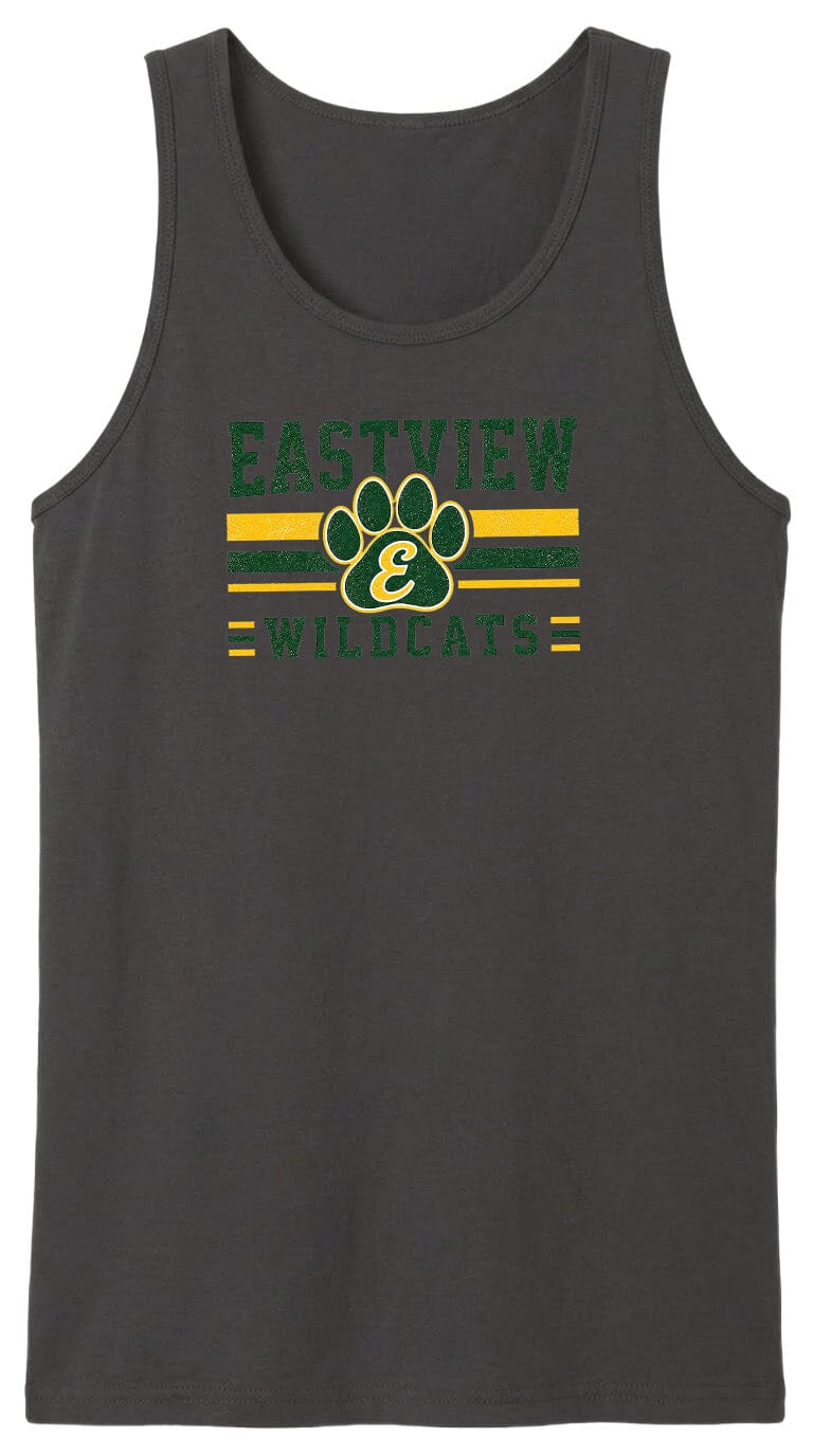 A gray tank top with a graphic design featuring a paw print and the text "EASTVIEW WILDCATS" printed on it.