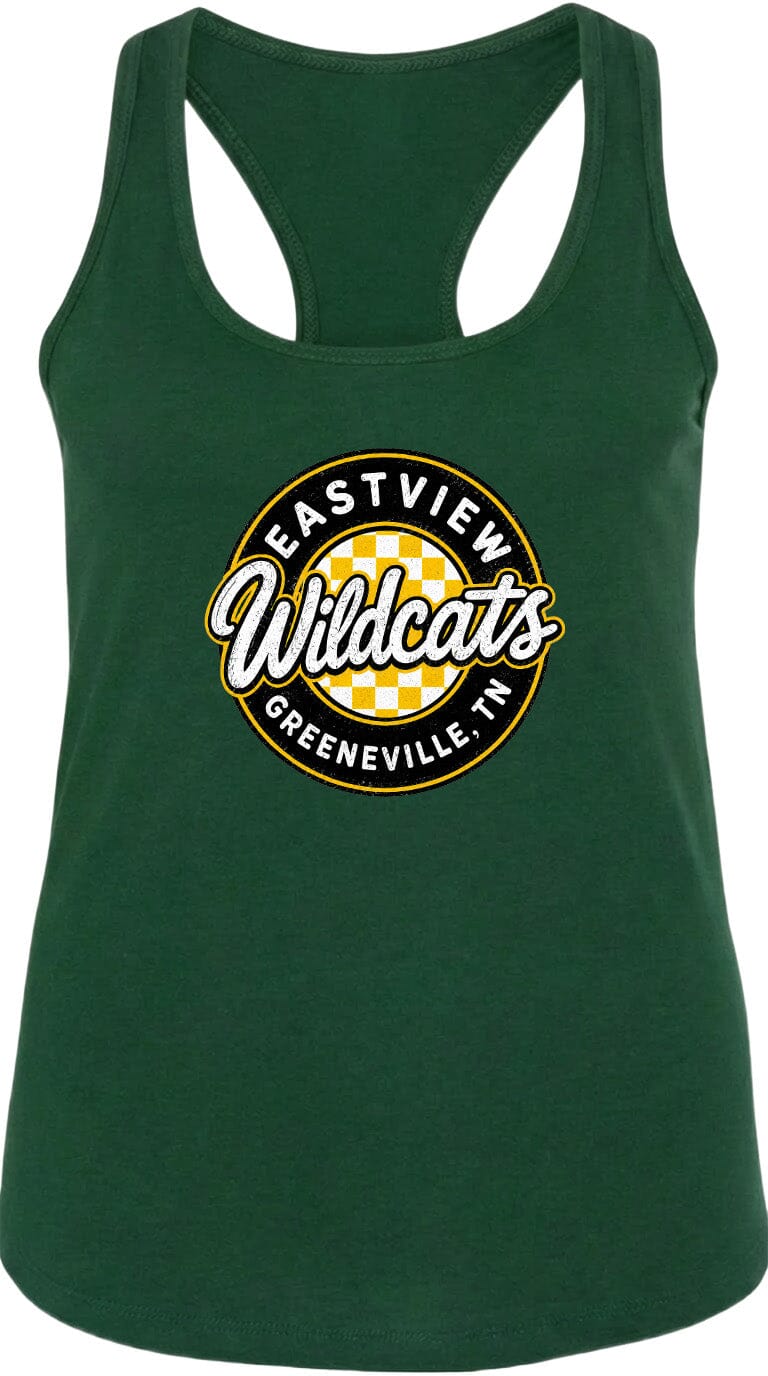 A green tank top with a logo that says "EASTVIEW Wildcats Greeneville, TN".