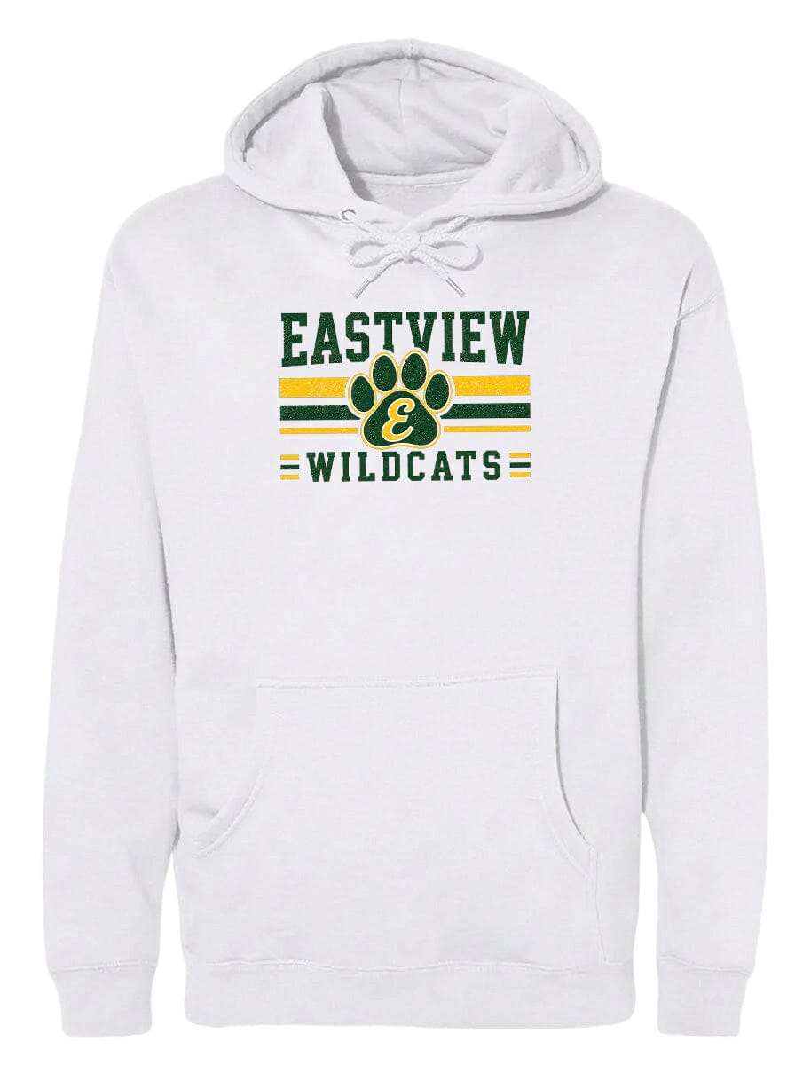 A white hoodie with a graphic design featuring the text "EASTVIEW WILDCATS" and a paw print logo.