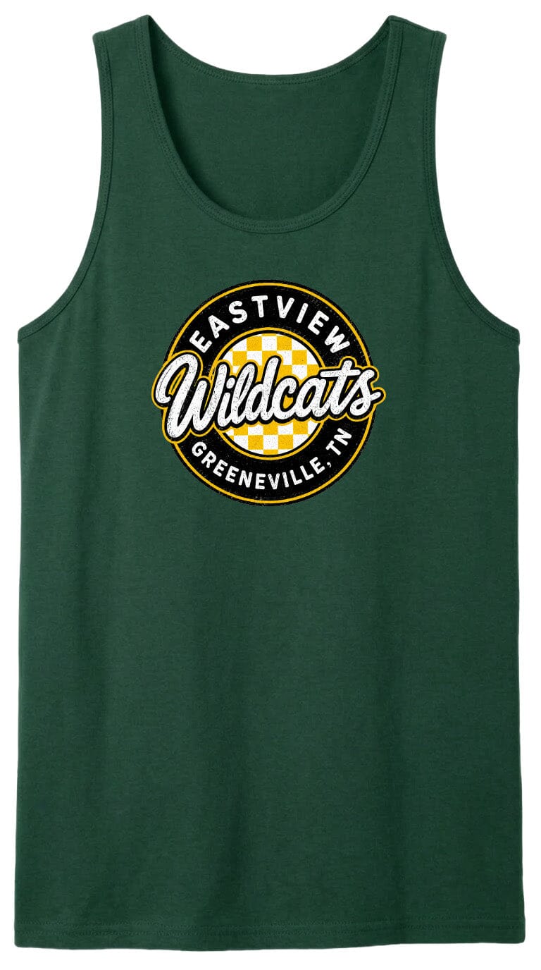 A green tank top with a circular logo that says "EASTVIEW Wildcats Greeneville, TN".