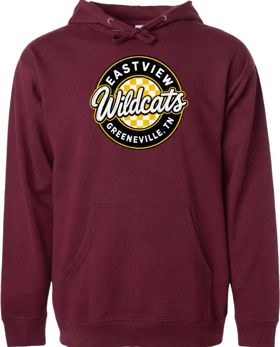 A burgundy-colored hoodie with a circular logo on the front. The logo features the text "Eastview Wildcats" and "Greeneville, TN" in a checkered pattern.