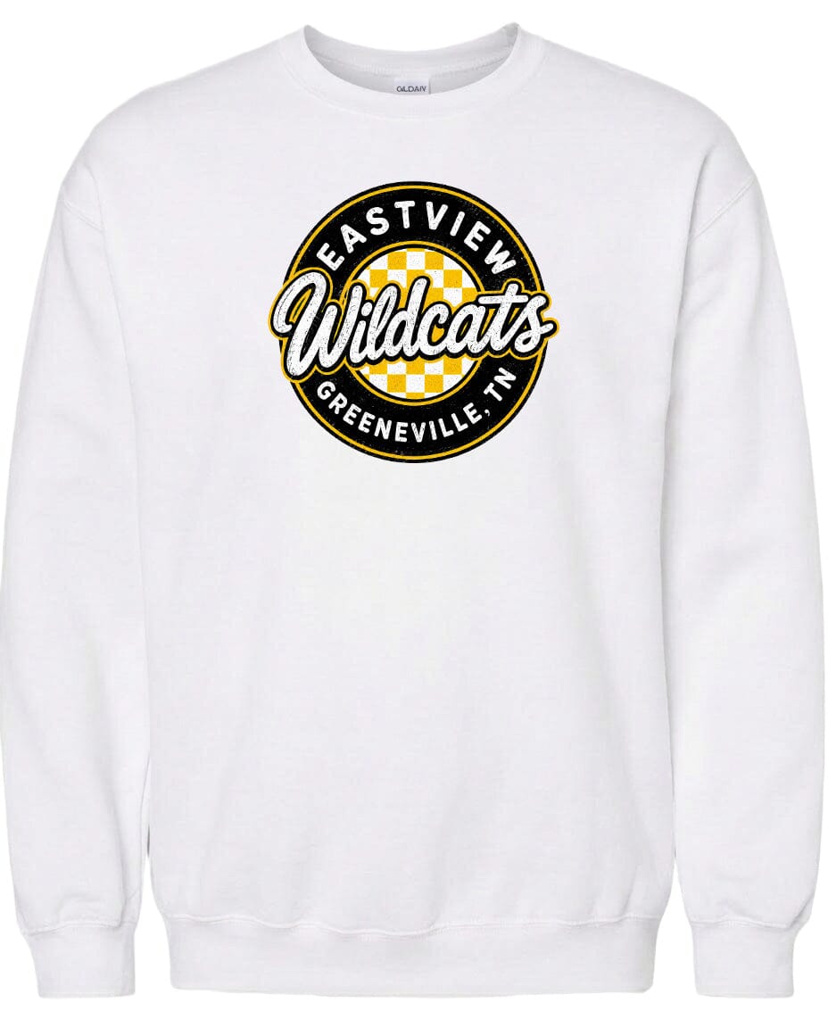 A white sweatshirt with a logo that says "EASTVIEW WILDCATS GREENEVILLE TENN".