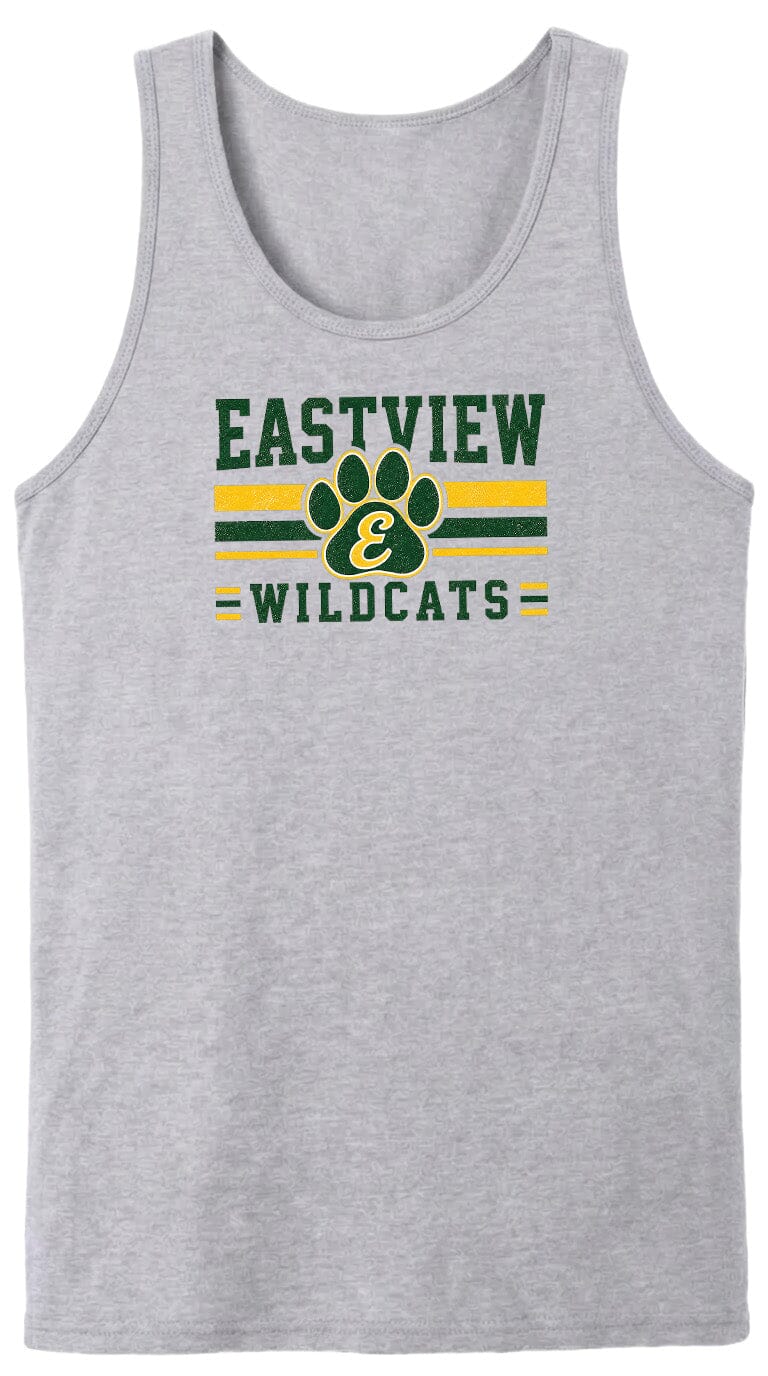 A gray tank top with a graphic design featuring the text "EASTVIEW WILDCATS" and a paw print logo.