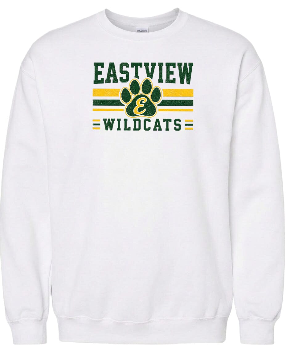 A white sweatshirt with the text "EASTVIEW WILDCATS" printed on it.
