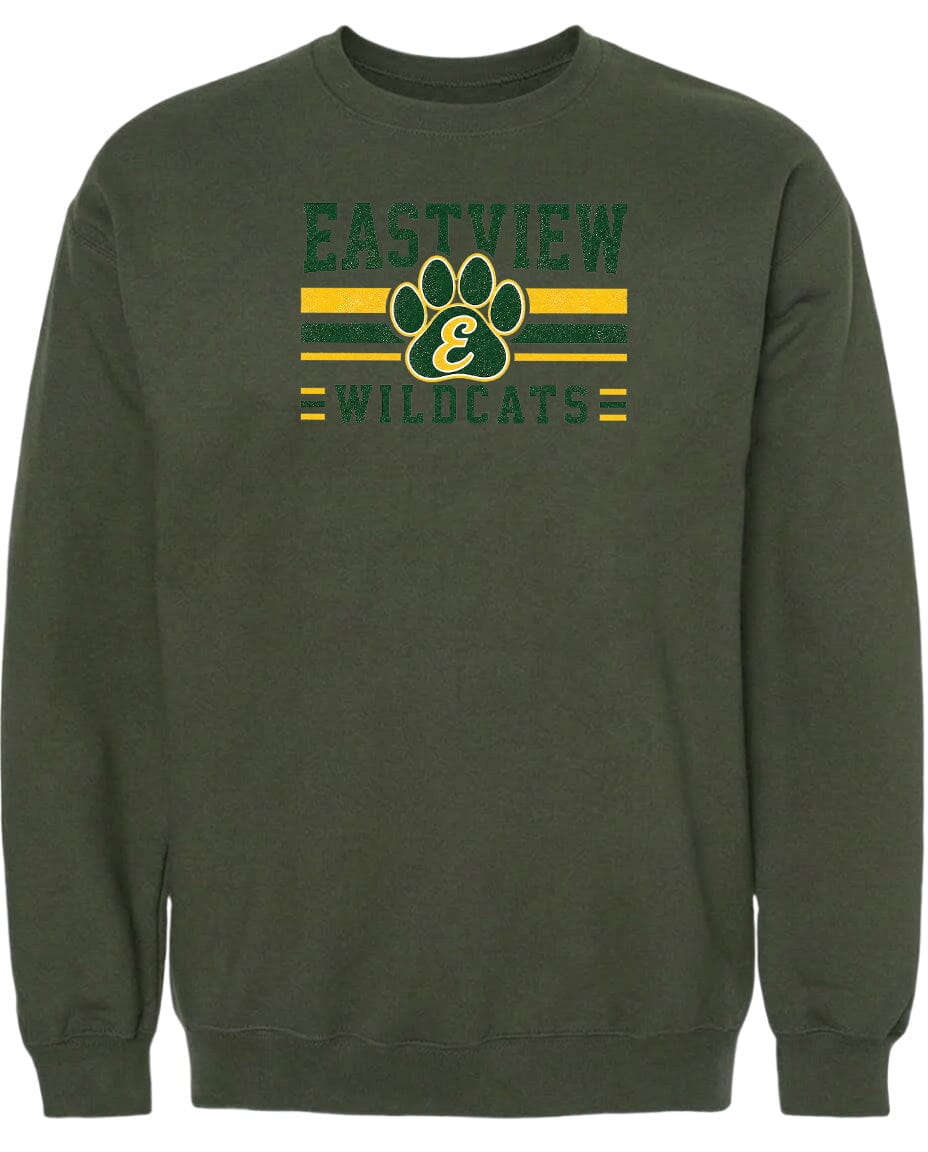 A dark green sweatshirt with a graphic design featuring a paw print and the text "EASTVIEW WILDCATS" printed on it.