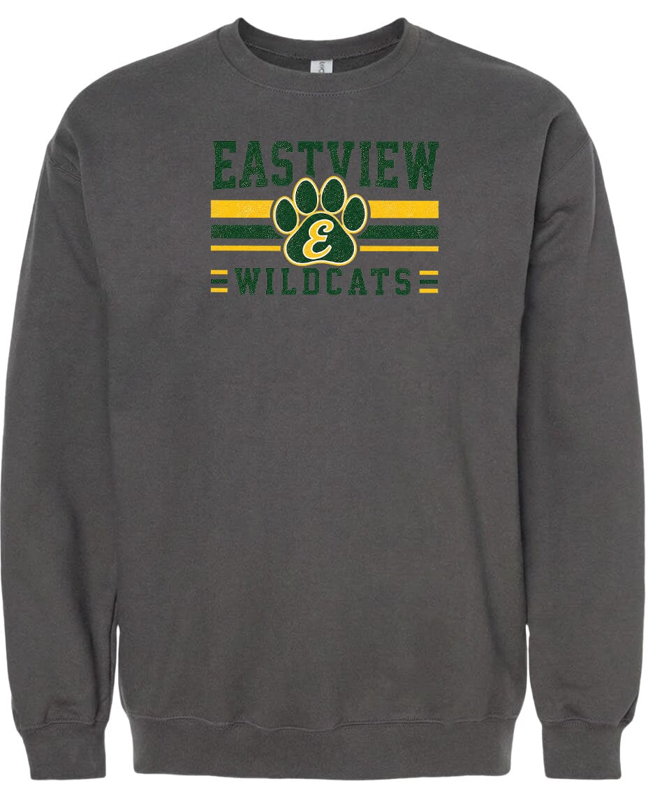 A gray sweatshirt with a graphic design featuring a paw print and the text "EASTVIEW WILDCATS" printed on it.
