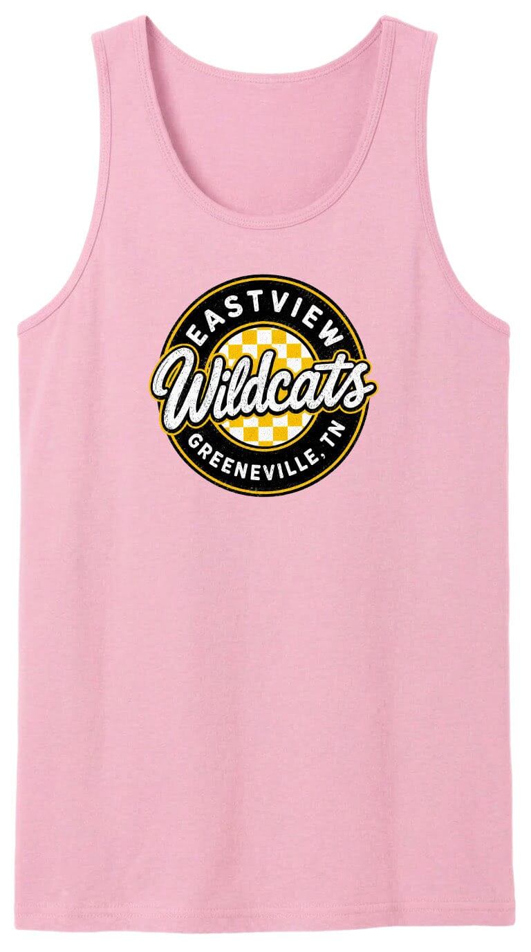 A pink tank top with a logo that says "EASTVIEW Wildcats Greeneville, TN".