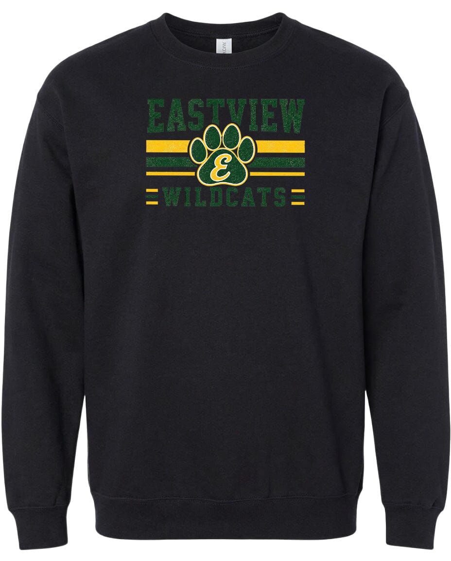 A black sweatshirt with a graphic design featuring the text "EASTVIEW WILDCATS" and a paw print symbol.