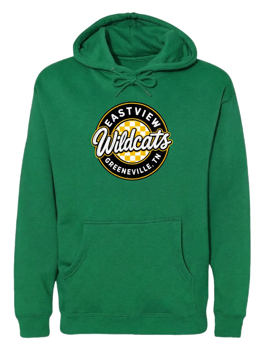 A green hoodie with a logo that says "EASTVIEW WILDCATS GREENEVILLE TENN".