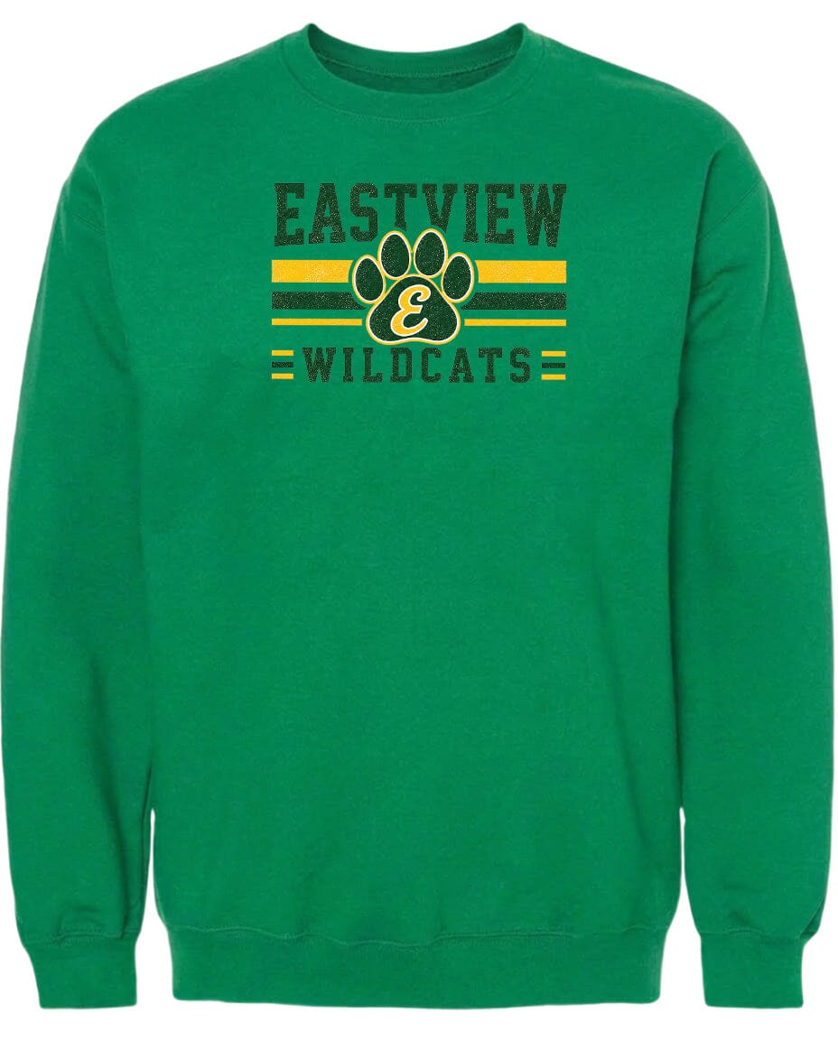 A green sweatshirt with a graphic design featuring a paw print and the text "EASTVIEW WILDCATS" printed on it.