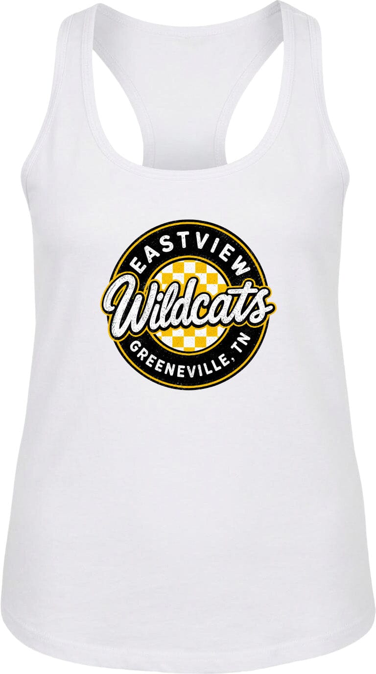 A white tank top with a logo that says "EASTVIEW Wildcats Greeneville, TN".