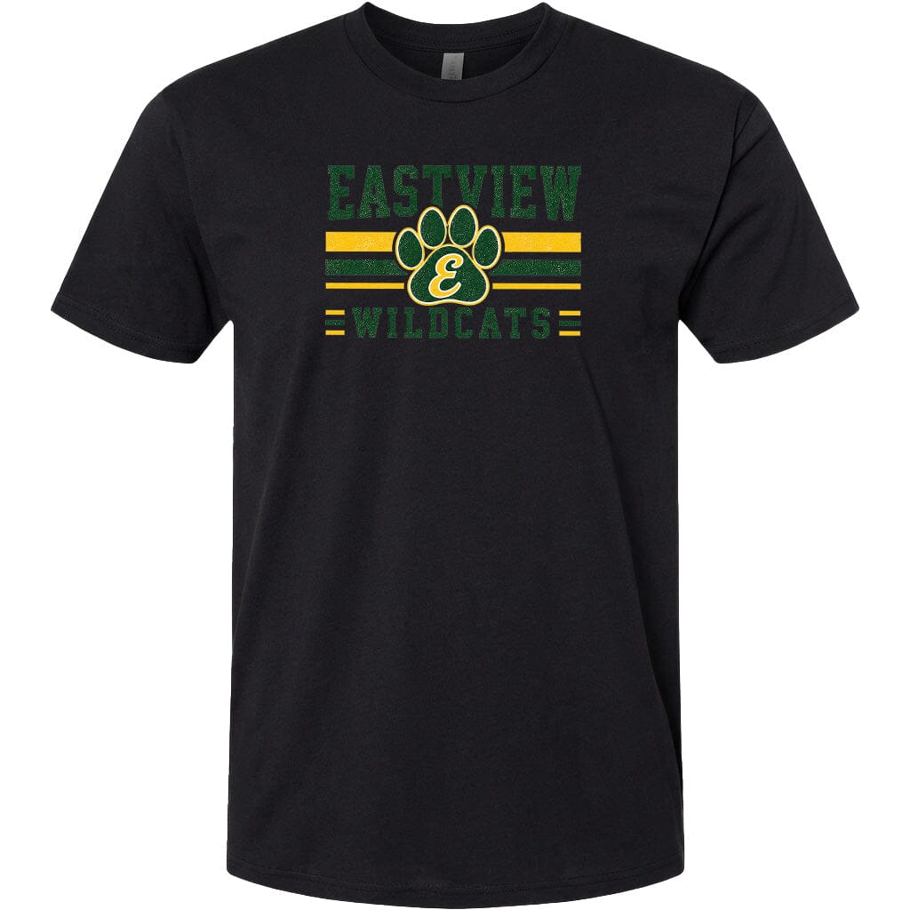 A black t-shirt with a graphic design featuring a paw print and the text "EASTVIEW WILDLATS" in green and yellow colors.