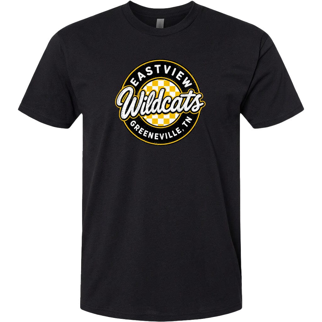 A black t-shirt with a graphic design featuring the text "EASTVIEW Wildcats" and "Greeneville, TN" in a circular pattern.