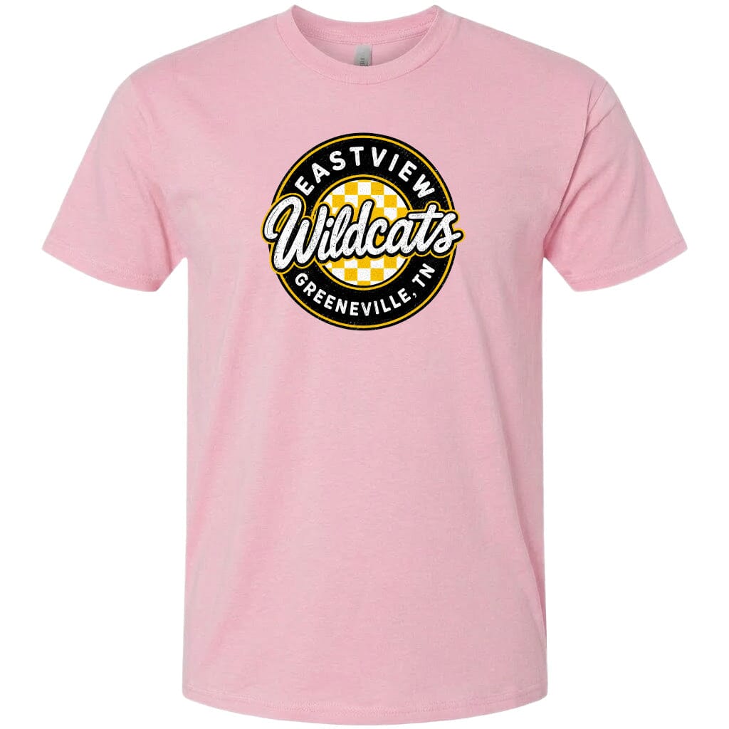 A pink t-shirt with a circular logo that says "EASTVIEW Wildcats Greeneville, TN".