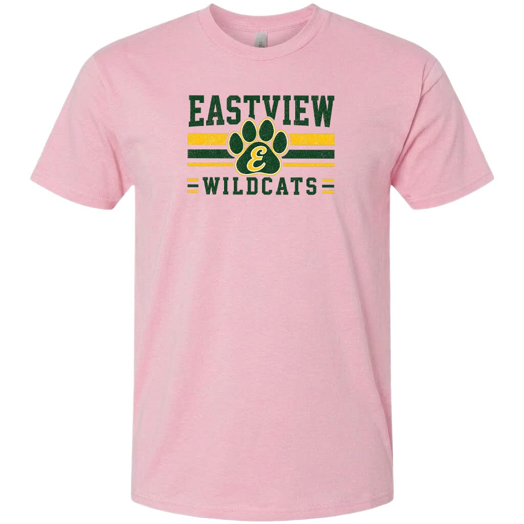 A pink t-shirt with a graphic design featuring the text "EASTVIEW WILDCATS" and a paw print symbol.